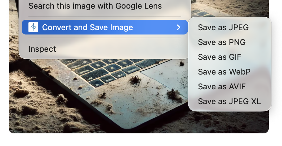 screenshot of the context menu for saving images