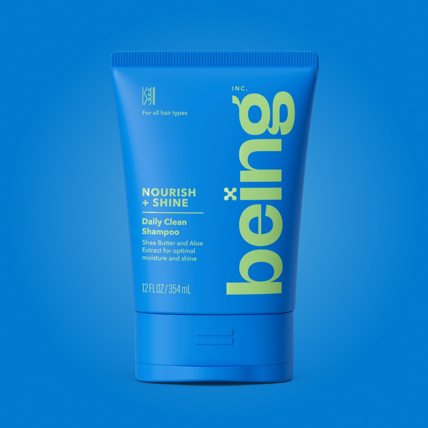 A blue bottle of 'being' Nourish + Shine Daily Clean Shampoo with Shea Butter and Aloe Extract, set against a matching blue background.