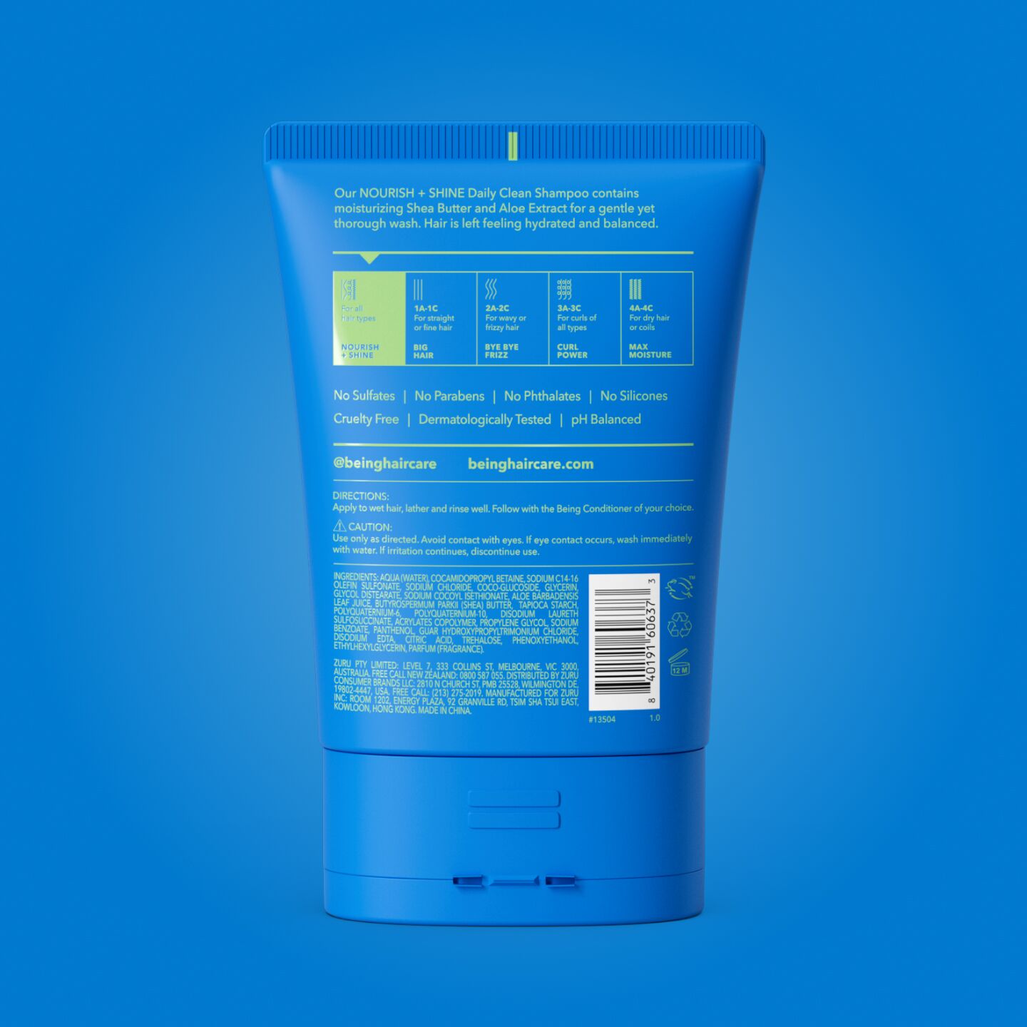 A the back of a blue bottle of 'being' Nourish + Shine Daily Clean Conditioner with Shea Butter and Aloe Extract, set against a matching blue background.