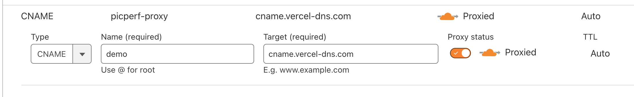 demo DNS record with "proxied" enabled