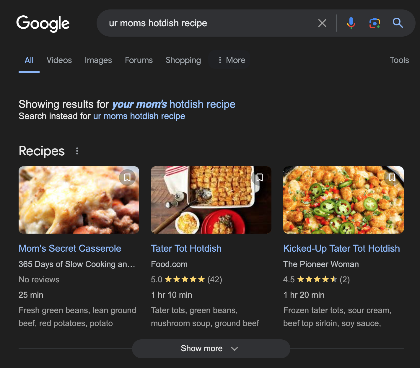 search results for your mom's hotdish recipe