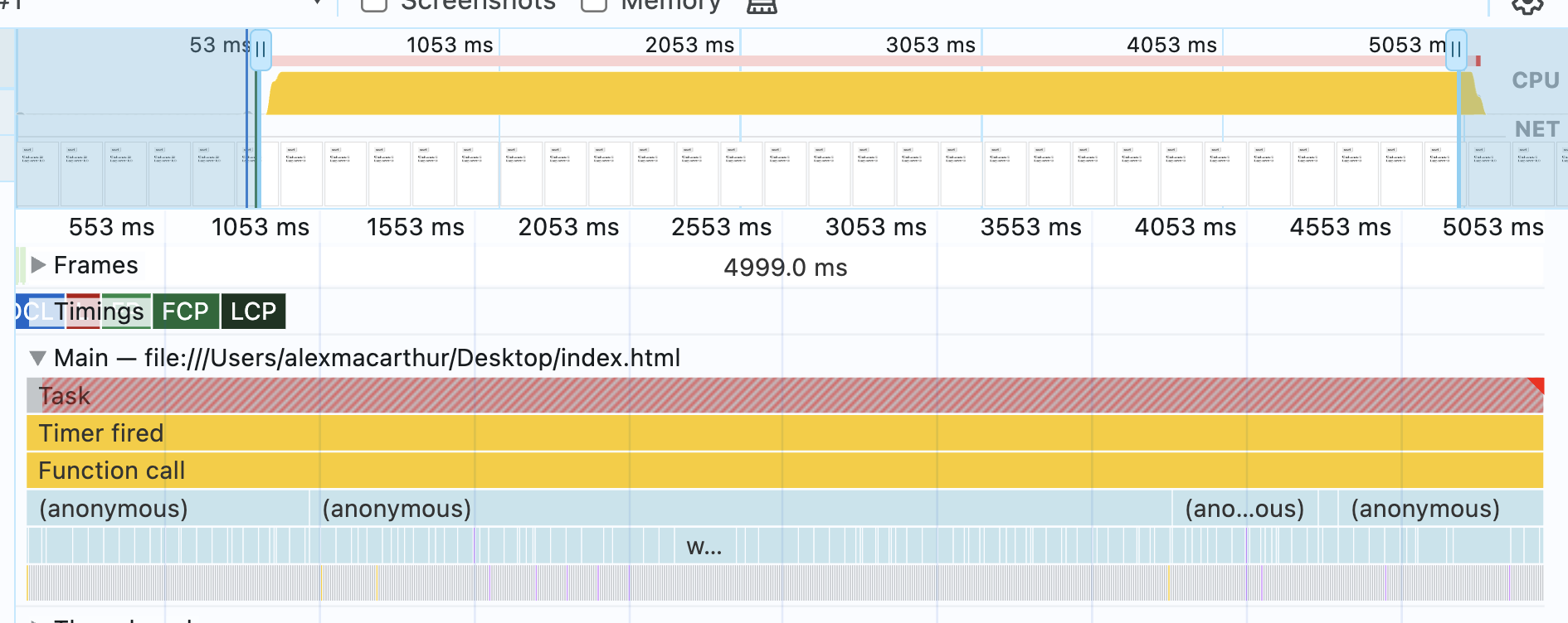 flame chart showing long, expensive task