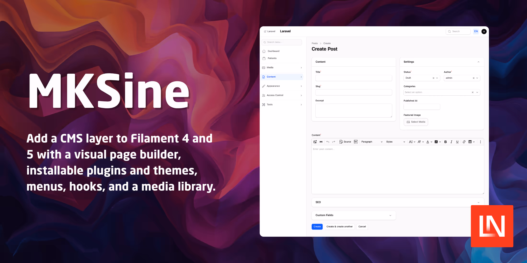 MKSine: A Filament CMS with Plugins, Themes, and Blocks image