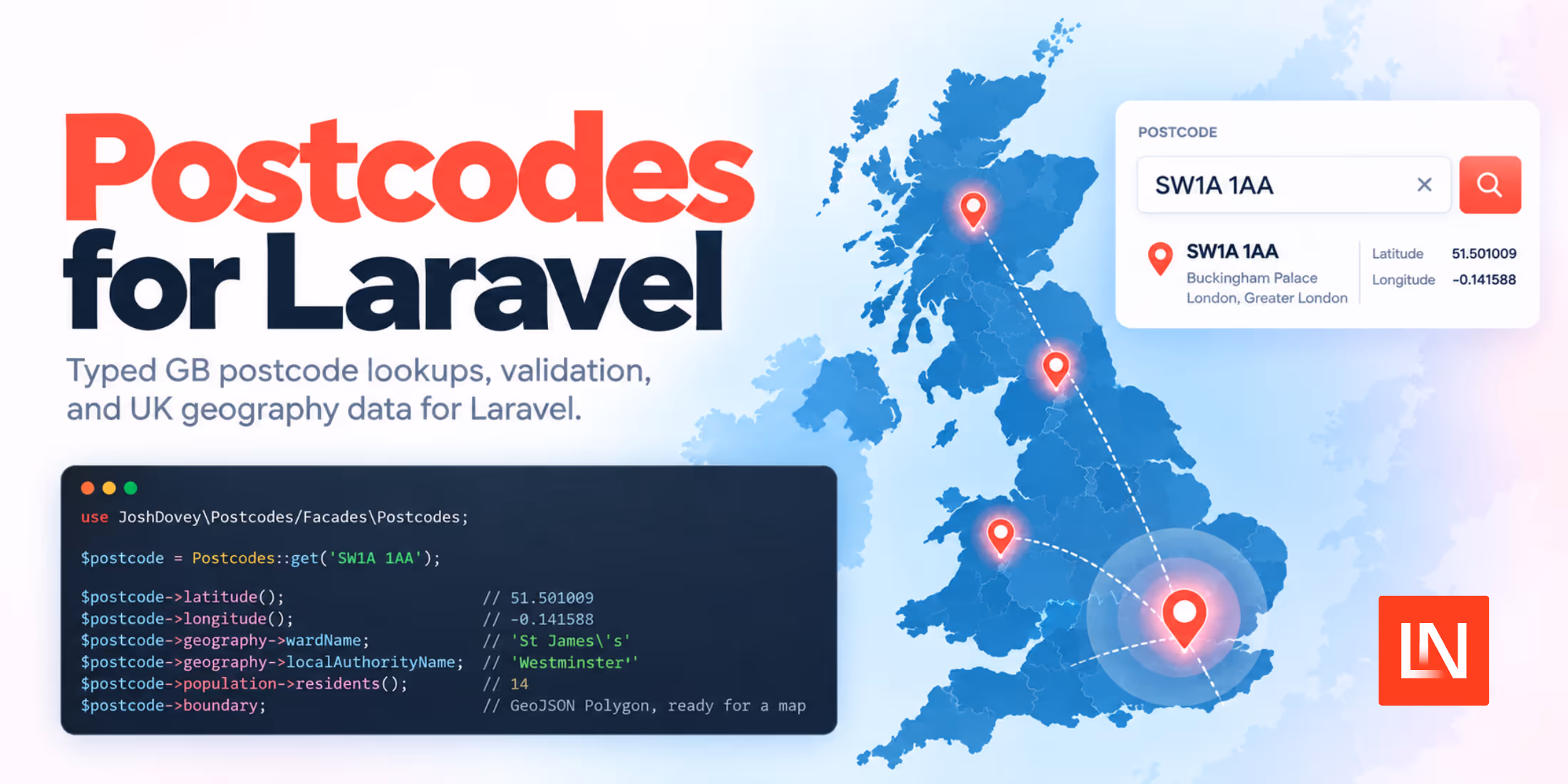 Postcodes for Laravel: GB Postcode Lookup and Geography Data image