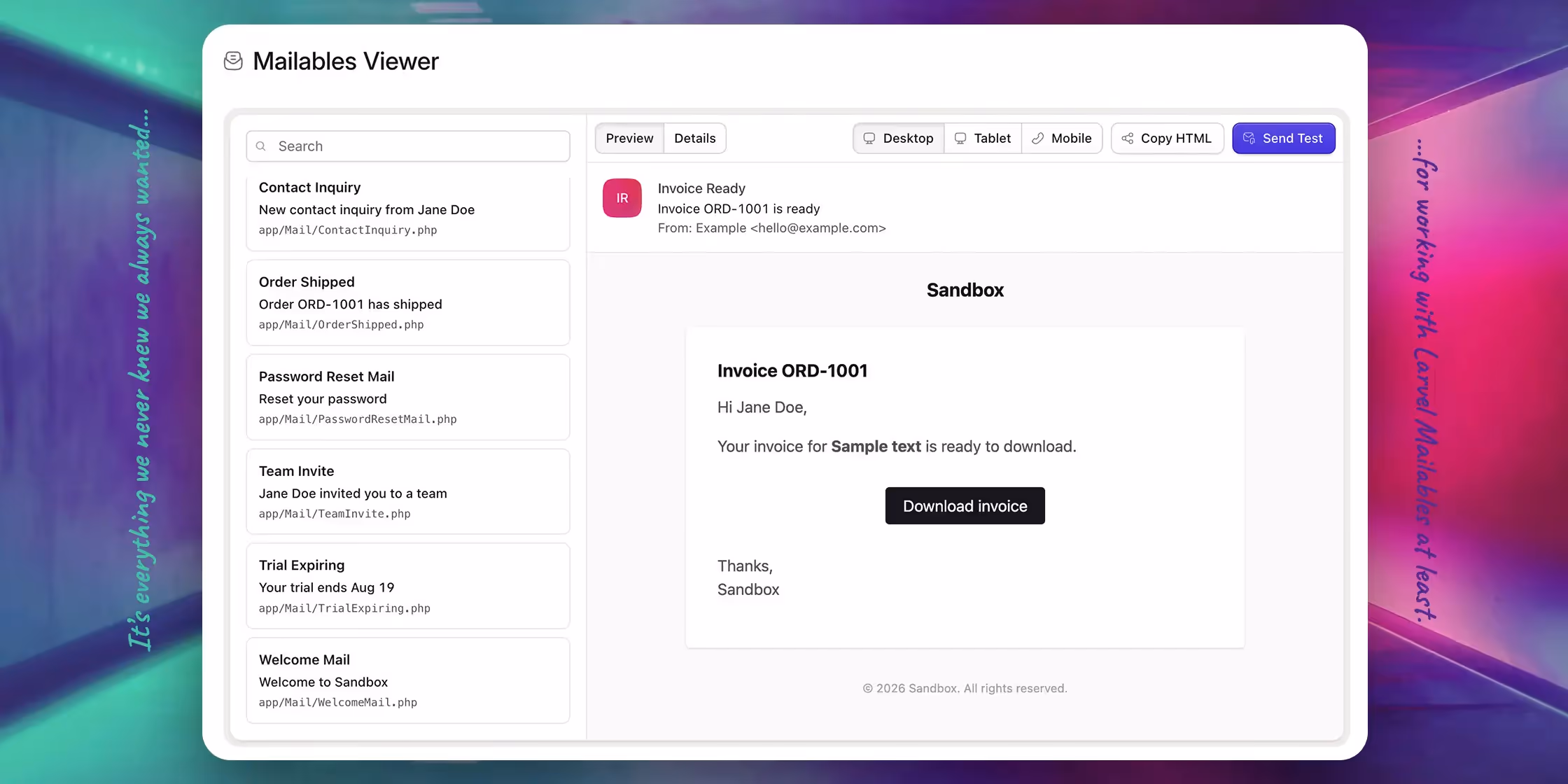 Statamic Mailables Viewer Previews Laravel Emails in the Control Panel image