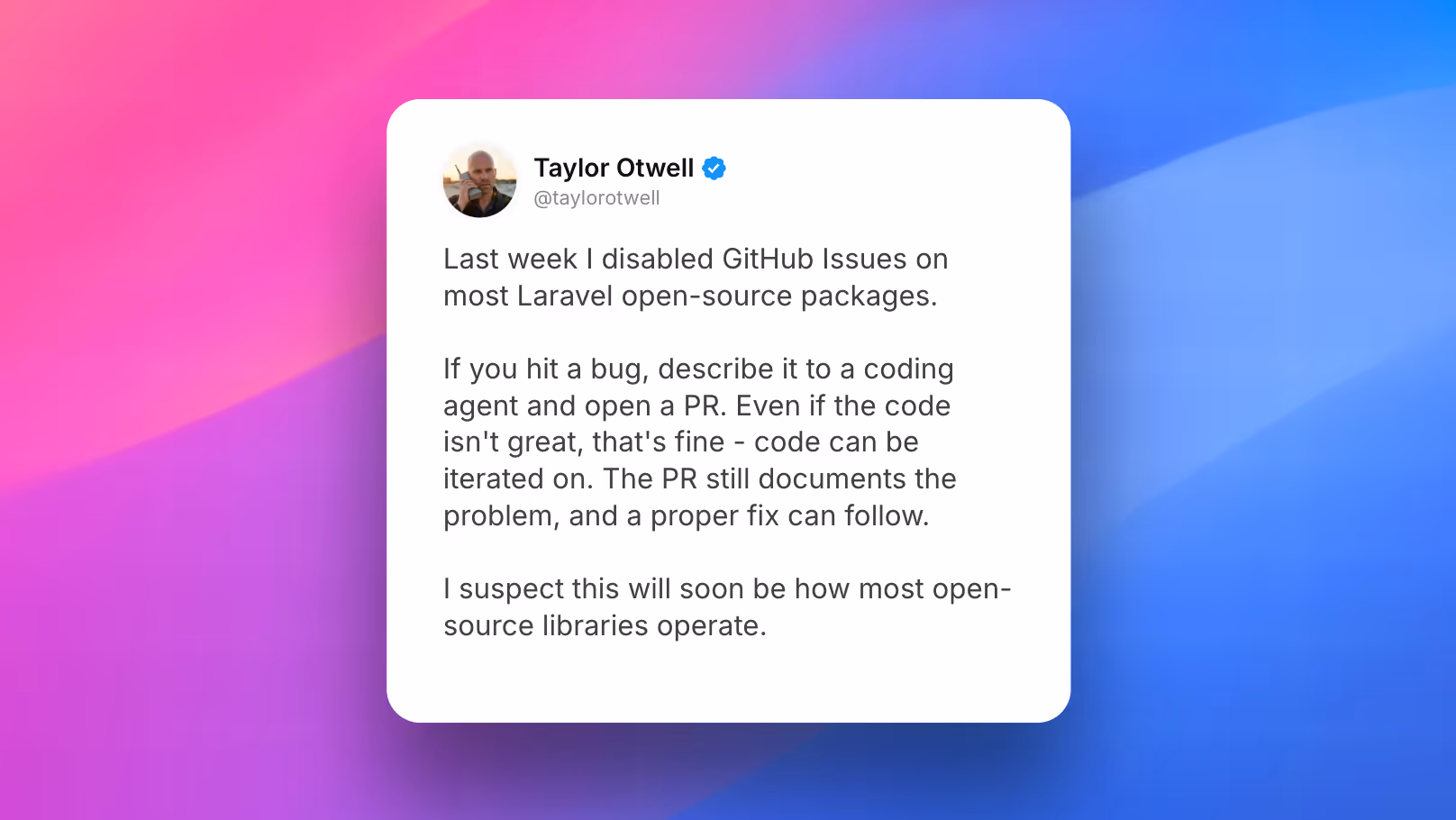 Тейлор отключил проблемы GitHub в большинстве пакетов Laravel с открытым исходным кодом.