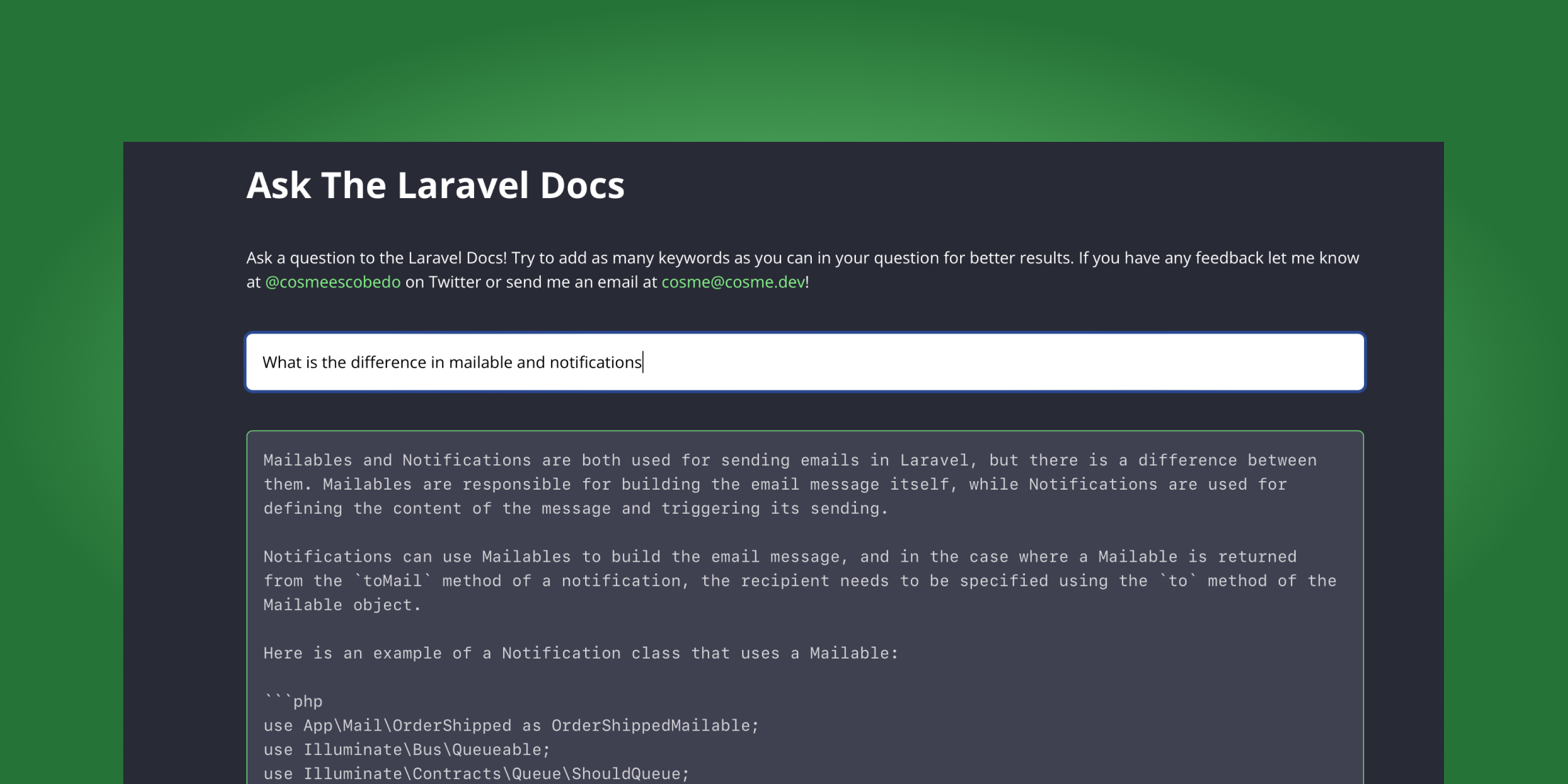 Use ChatGPT to ask a question to the Laravel Docs image