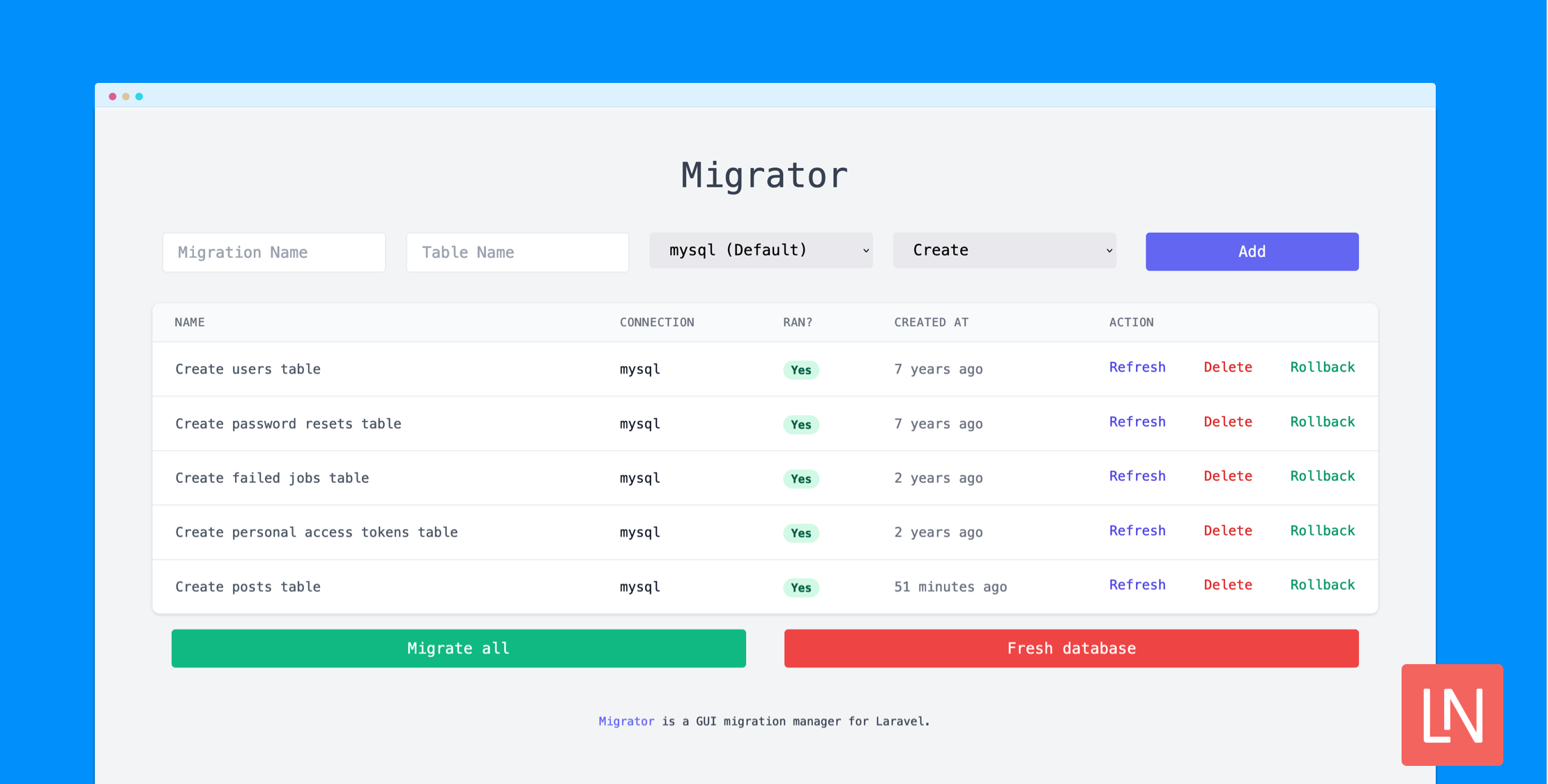 Migrator is a GUI Migration Manager for Laravel image