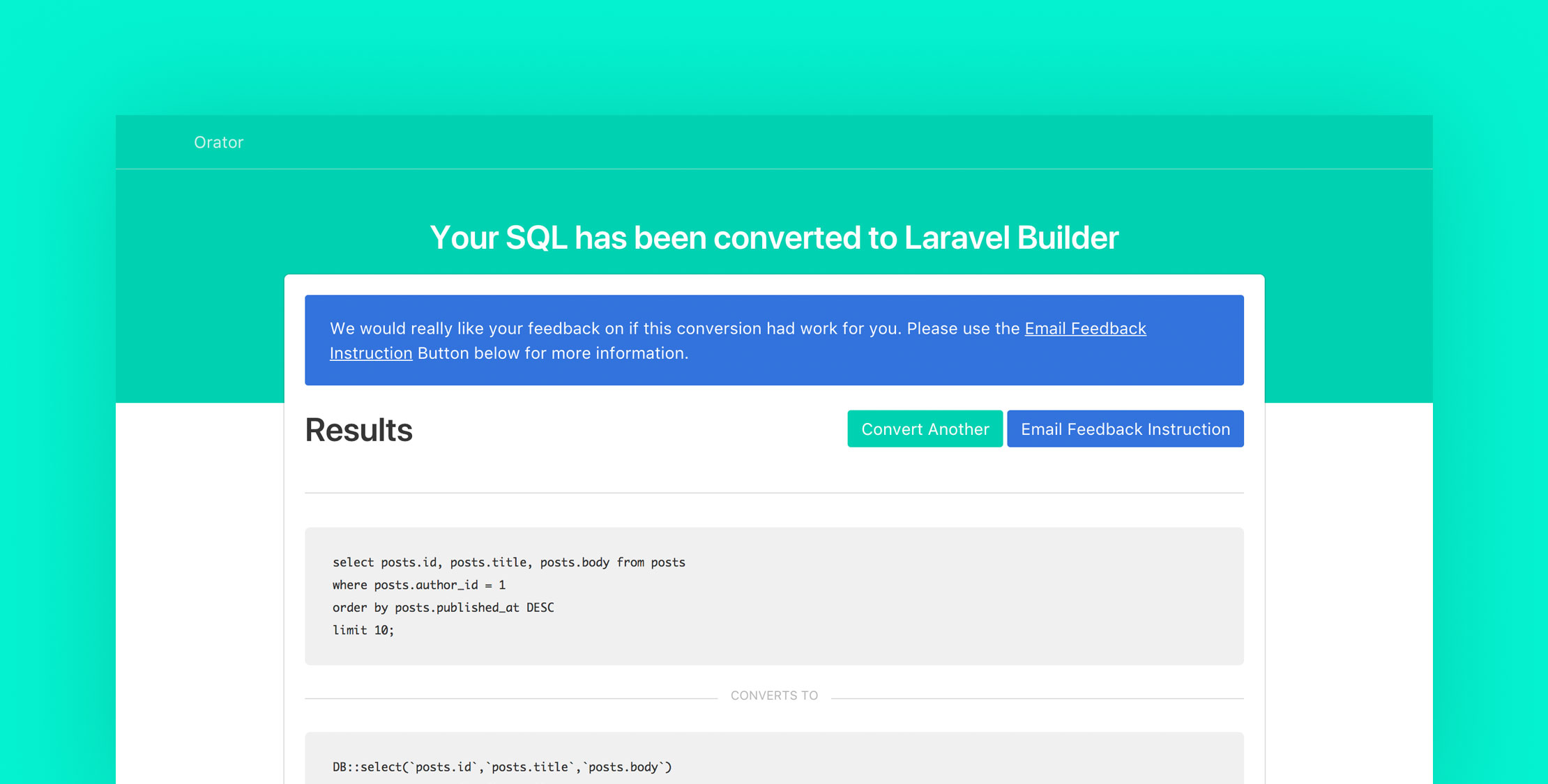Convert Your SQL to Laravel Builder with Orator image