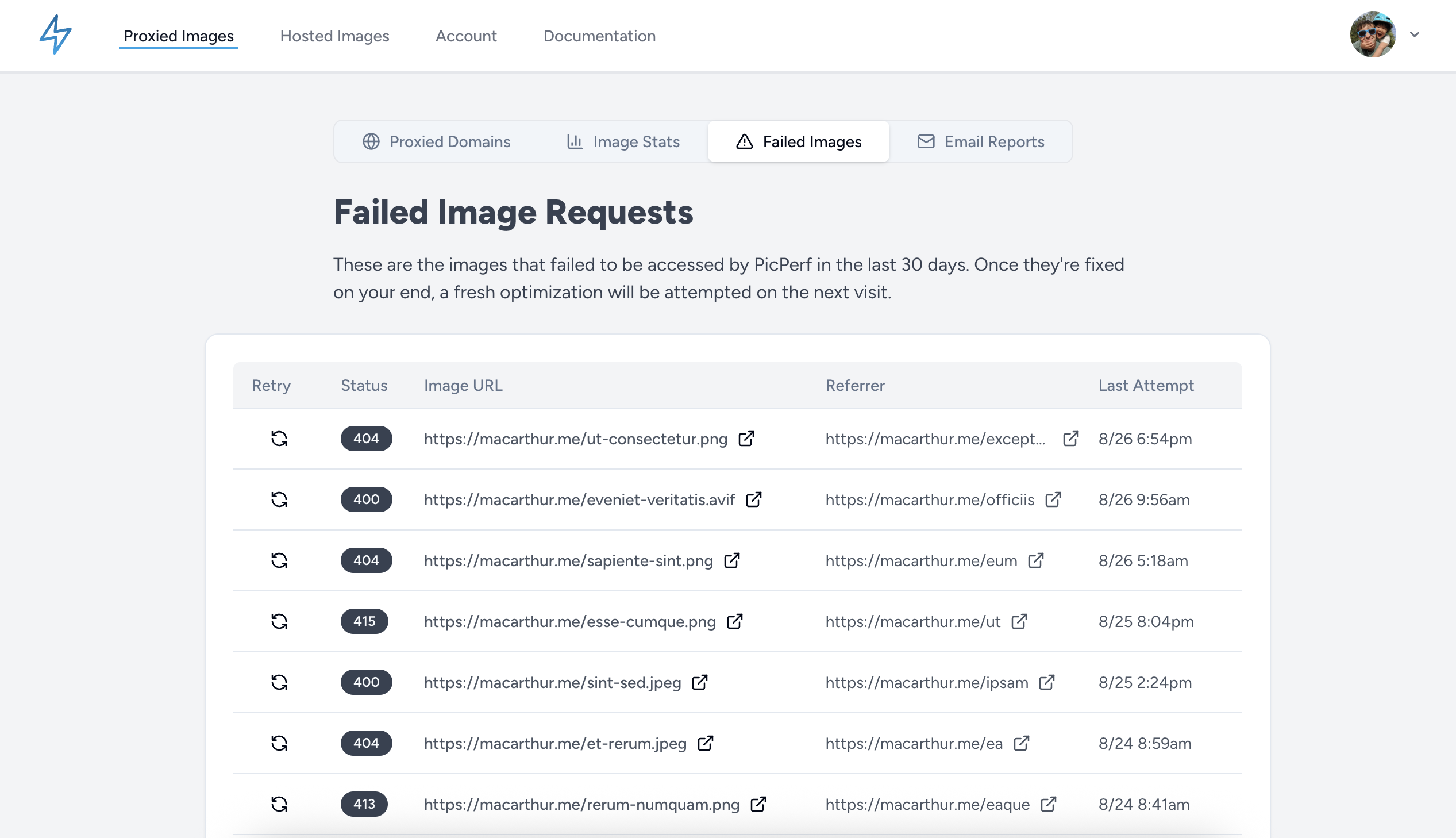failed image request table