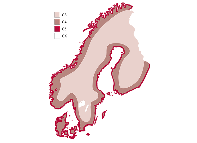 karta över korrosivitetsklasser i skandinavien