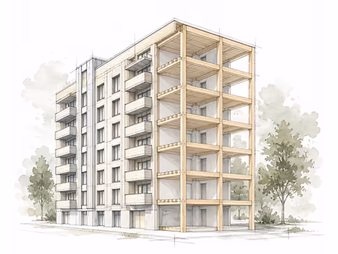 skiss på hus med trästomme
