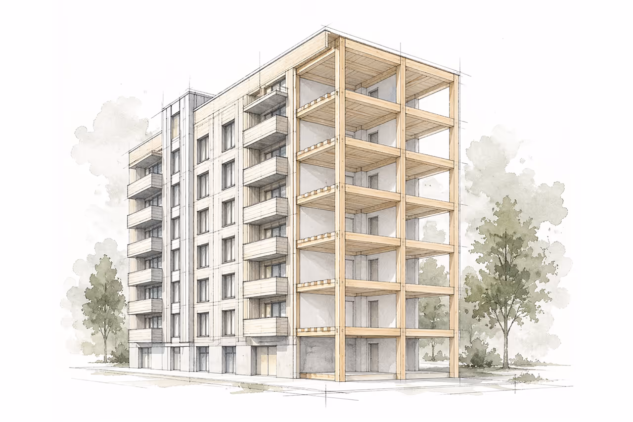 skiss på hus med trästomme