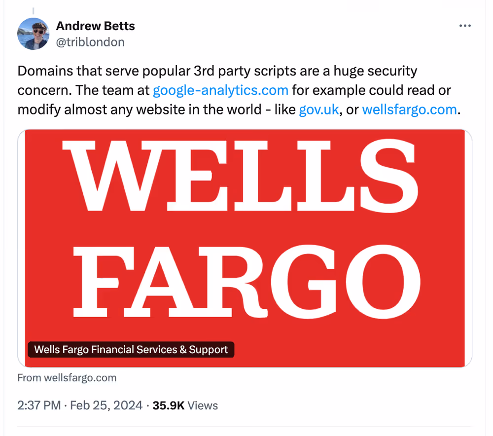 screenshot of tweet describing how serious the risk of a supply chain attack is