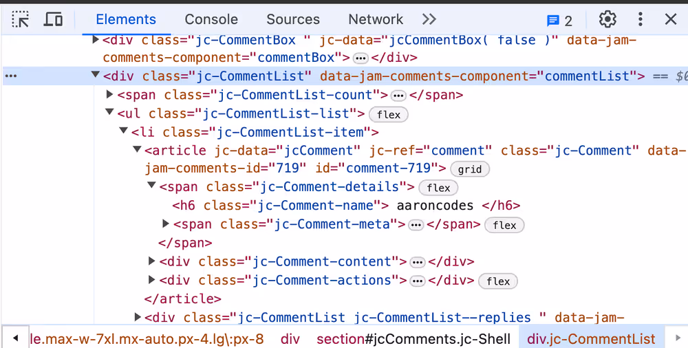 HTML elements in dev tools