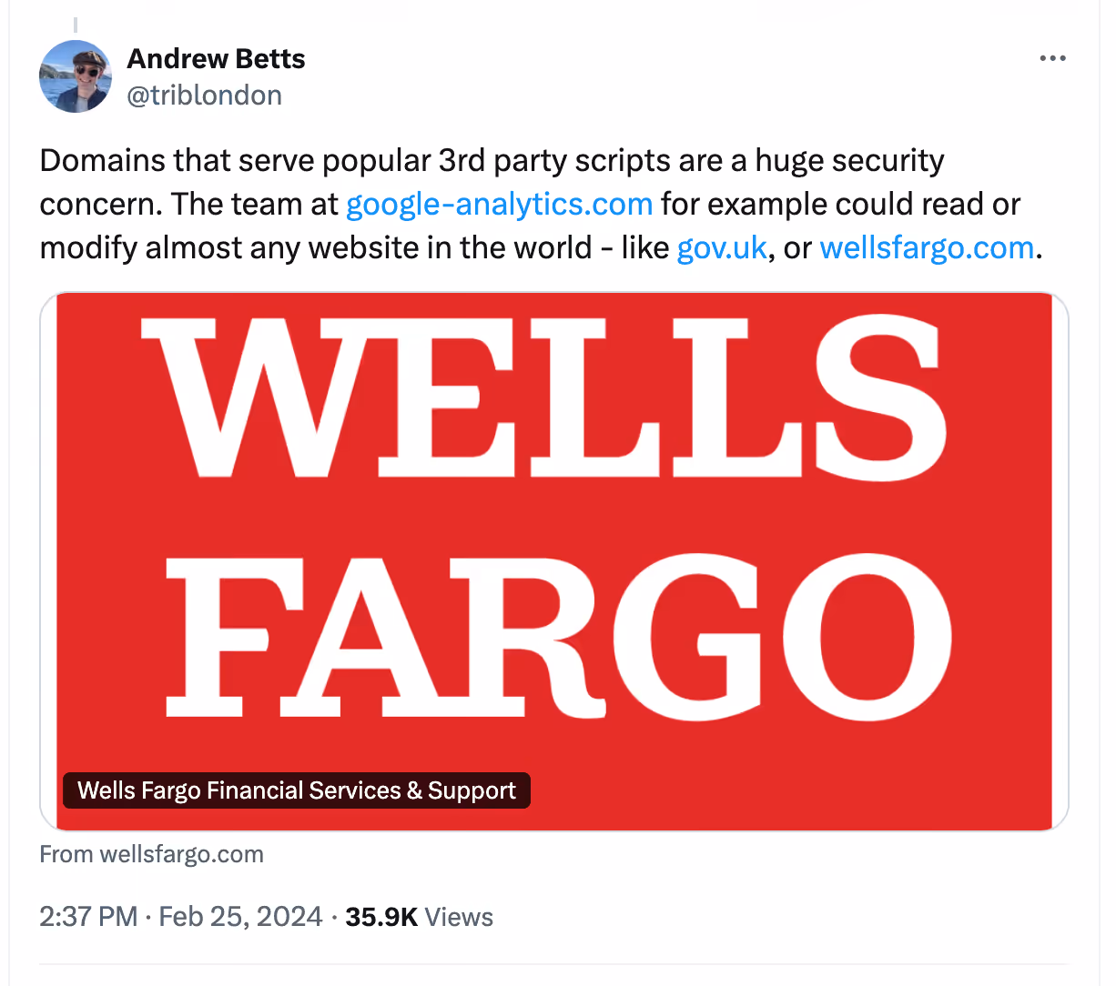 screenshot of tweet describing how serious the risk of a supply chain attack is