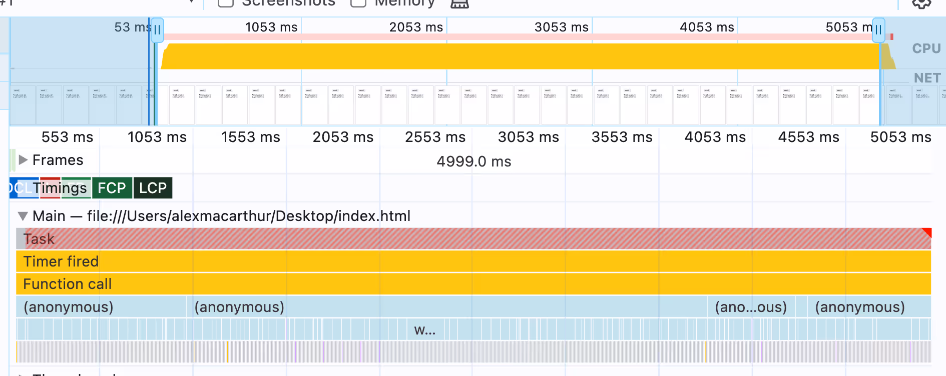 flame chart showing long, expensive task