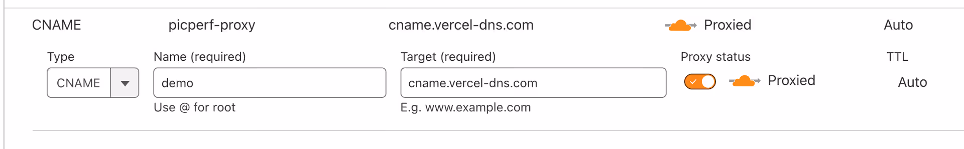 demo DNS record with "proxied" enabled